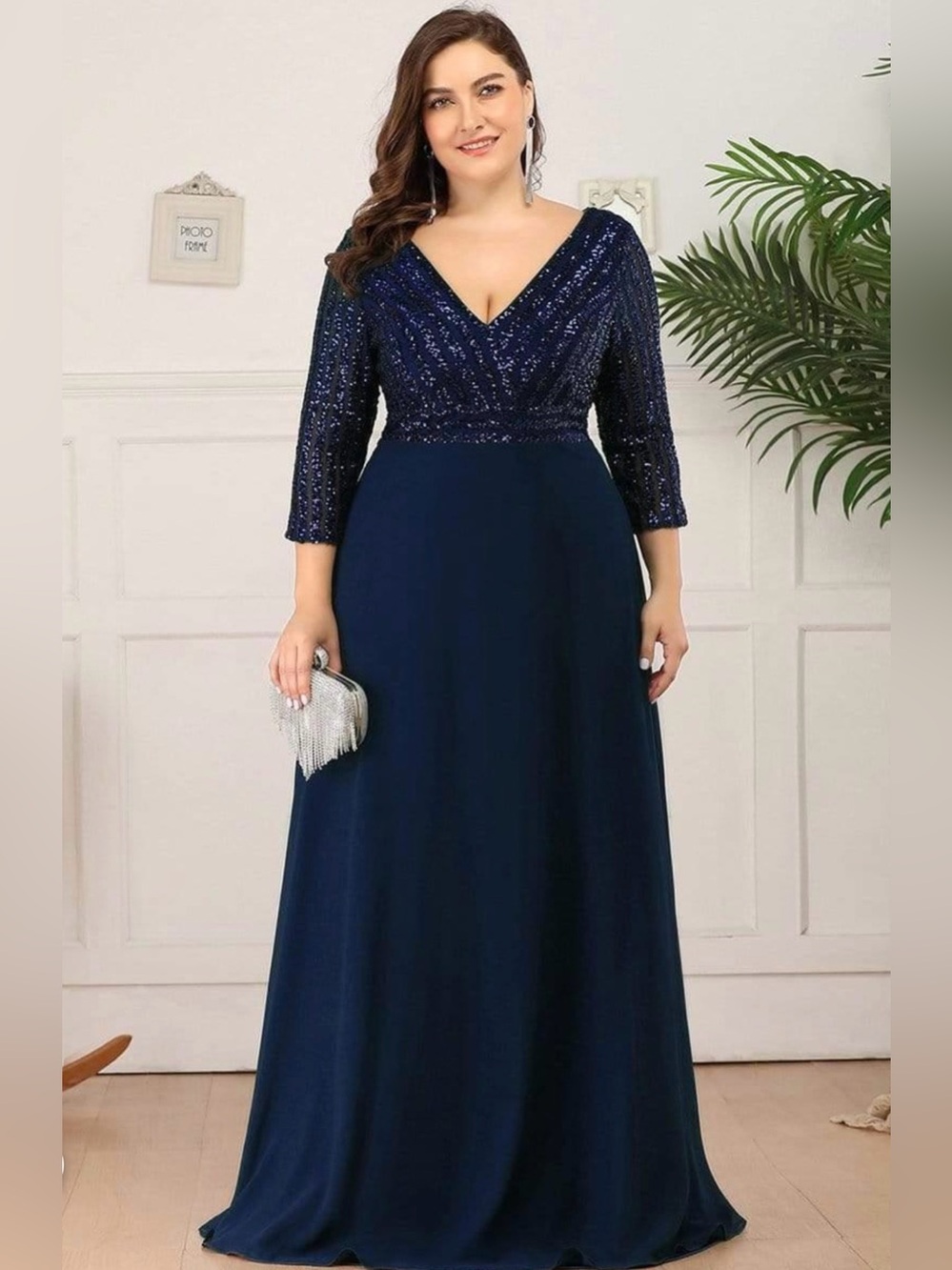 Ever-Pretty Navy Blue V-Neck Sequin Chiffon Formal Maxi Gown Dress - Plus Sz 22